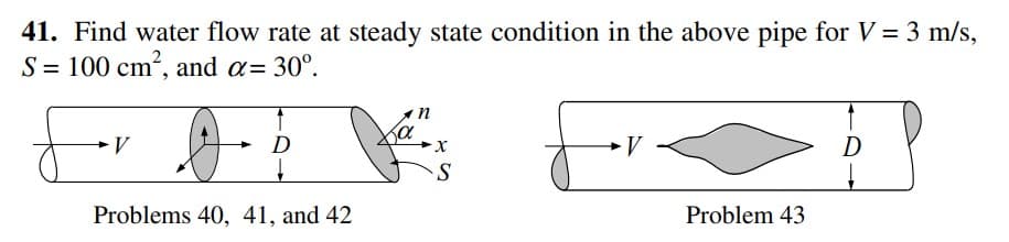 41. Find water flow rate at steady state condition in the above pipe for V = 3 m/s,
S = 100 cm?, and a= 30°.
n
D
Problems 40, 41, and 42
Problem 43
