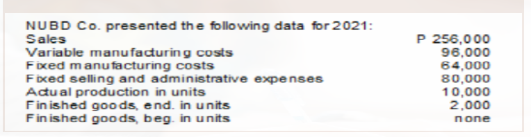 NUBD Co. presented the following data for 2021:
Sales
Variable manufacturing costs
Fixed manufacturing costs
Fixed selling and administrative expenses
Actual production in units
Finished goo ds, end. in units
Finished goods, beg. in units
P 256,000
96,000
64,000
80,000
10,000
2,000
попе
