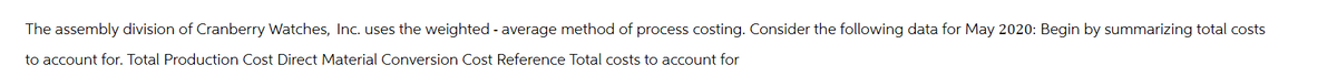 The assembly division of Cranberry Watches, Inc. uses the weighted - average method of process costing. Consider the following data for May 2020: Begin by summarizing total costs
to account for. Total Production Cost Direct Material Conversion Cost Reference Total costs to account for