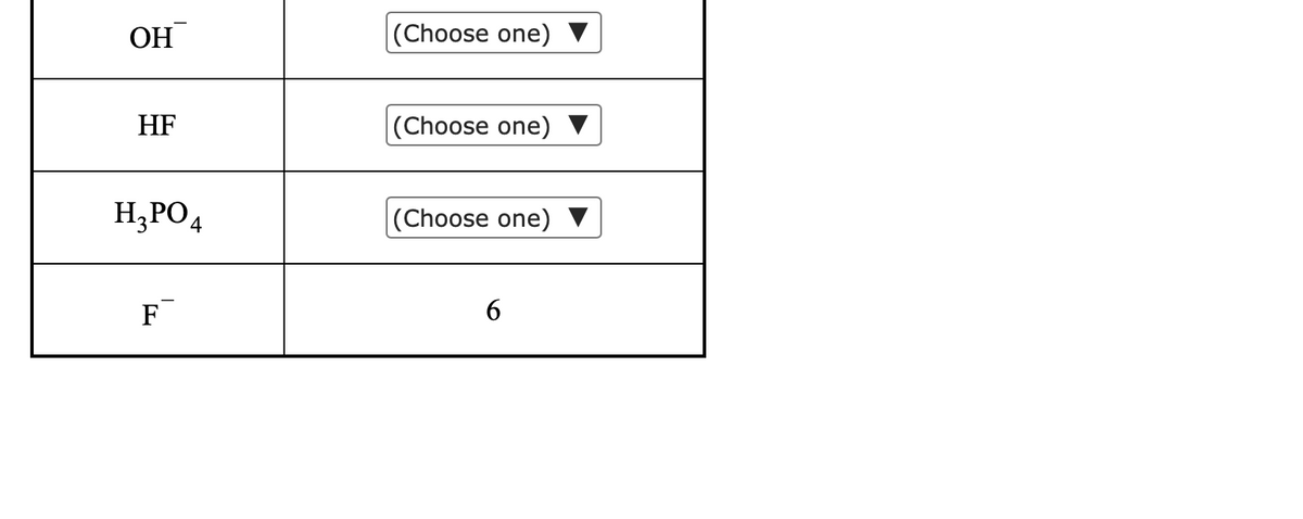 ОН
|(Choose one)
HF
|(Choose one) ▼
H;PO4
(Choose one) ▼
F
6
