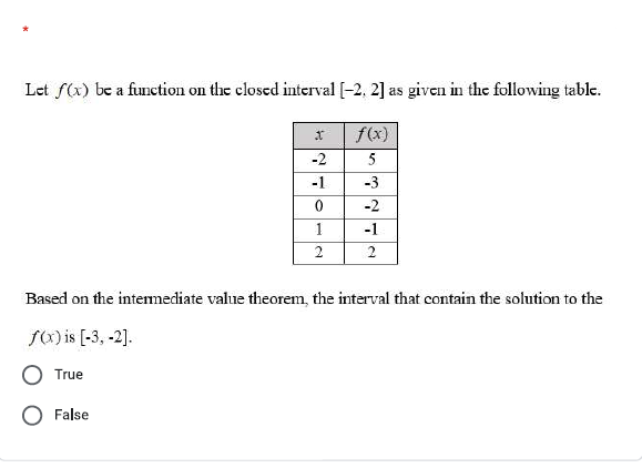 Let f(x) be a function on the closed interval [-2, 2] as given in the following table.
f(x)
-2
5
-1
-3
-2
-1
2
Based on the intemediate value theorem, the interval that contain the solution to the
fo) is [-3, -2].
True
False
