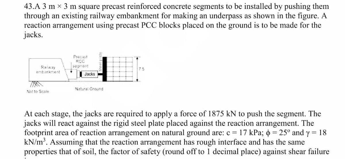 43.A 3 mx 3 m square precast reinforced concrete segments to be installed by pushing them
through an existing railway embankment for making an underpass as shown in the figure. A
reaction arrangement using precast PCC blocks placed on the ground is to be made for the
jacks.
embankment
Not to Scake
Precast
RCC
segment
Jacks
Natural Ground
75
At each stage, the jacks are required to apply a force of 1875 kN to push the segment. The
jacks will react against the rigid steel plate placed against the reaction arrangement. The
footprint area of reaction arrangement on natural ground are: c = 17 kPa; d = 25° and y = 18
kN/m³. Assuming that the reaction arrangement has rough interface and has the same
properties that of soil, the factor of safety (round off to 1 decimal place) against shear failure