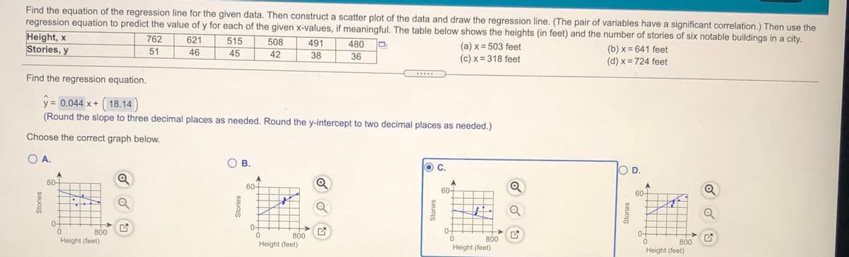 Find the equation of the regression line for the given data. Then construct a scatter plot of the data and draw the regression line. (The pair of variables have a significant correlation.) Then use the
regression equation to predict the value of y for each of the given x-values, if meaningful. The table below shows the heights (in feet) and the number of stories of six notable buildings in a city.
Height, x
Stories, y
762
621
515
508
491
480
(a) x = 503 feet
(c) x = 318 feet
(b) x = 641 feet
(d) x = 724 feet
51
46
45
42
38
36
.....
Find the regression equation.
( 18.14 )
y = 0.044 x +
(Round the slope to three decimal places as needed. Round the y-intercept to two decimal places as needed.)
Choose the correct graph below.
A.
В.
С.
D.
60-
60-
60-
60-
0-
0-
800
Height (feet)
800
0-
800
800
Height (feet)
Height (feet)
Height (feet)
Stories
