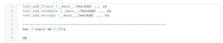 test_add_floats
test_add_integers (
test_add_strings ( main
1.
main
. TestAdd)
ok
2.
main
.TestAdd)
... Ok
3.
. TestAdd)
... Ole
4.
5.
6.
Ran 3 tests in 0.000s
7.
8.
OK
