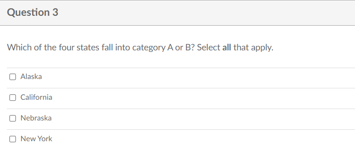 Question 3
Which of the four states fall into category A or B? Select all that apply.
O Alaska
O California
Nebraska
O New York
