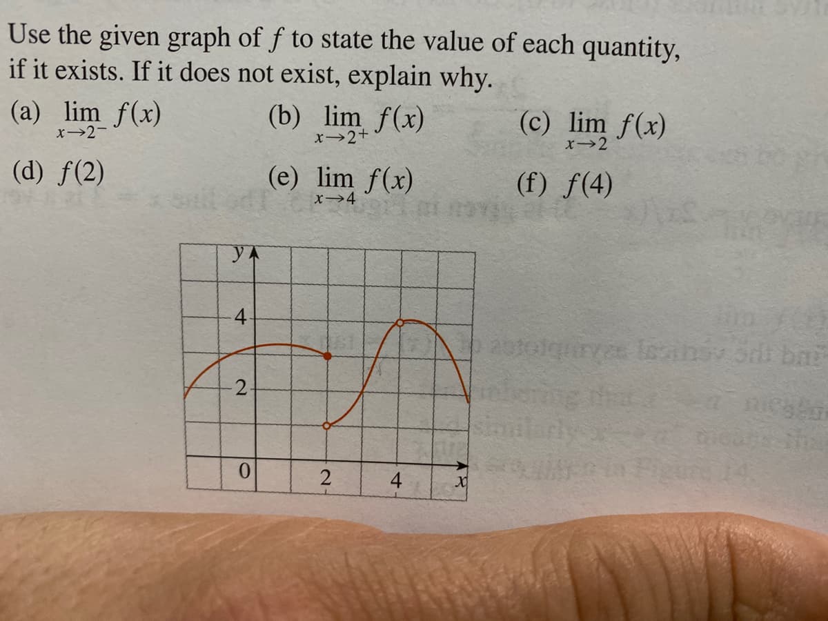 Use the given graph of f to state the value of each quantity,
if it exists. If it does not exist, explain why.
(a) lim f(x)
(b) lim f(x)
x→2+
(c) lim f(x)
x→2-
(d) f(2)
(e) lim f(x)
(f) f(4)
x→4
YA
4-
201olqurv leinv Sdi bni
2-
means h
in Figu 14.
4
