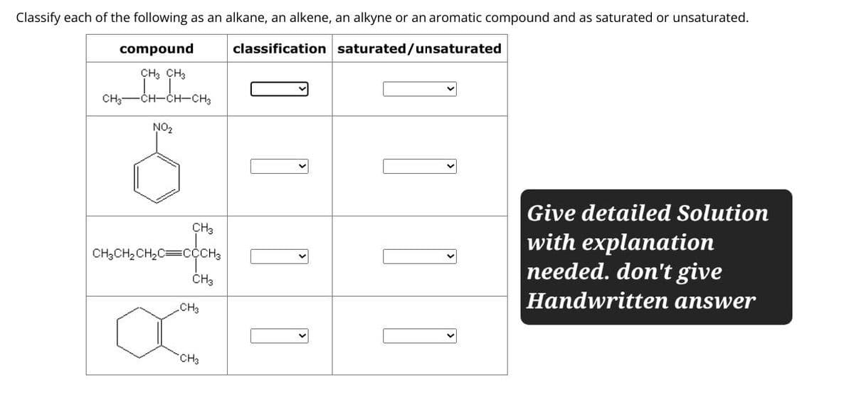 Classify each of the following as an alkane, an alkene, an alkyne or an aromatic compound and as saturated or unsaturated.
classification saturated/unsaturated
compound
CH3 CH3
CH3
-CH-CH-CH3
NO₂
CH3
CH3CH2CH2C CCCH3
CH3
CH3
CH3
M
Give detailed Solution
with explanation
needed. don't give
Handwritten answer