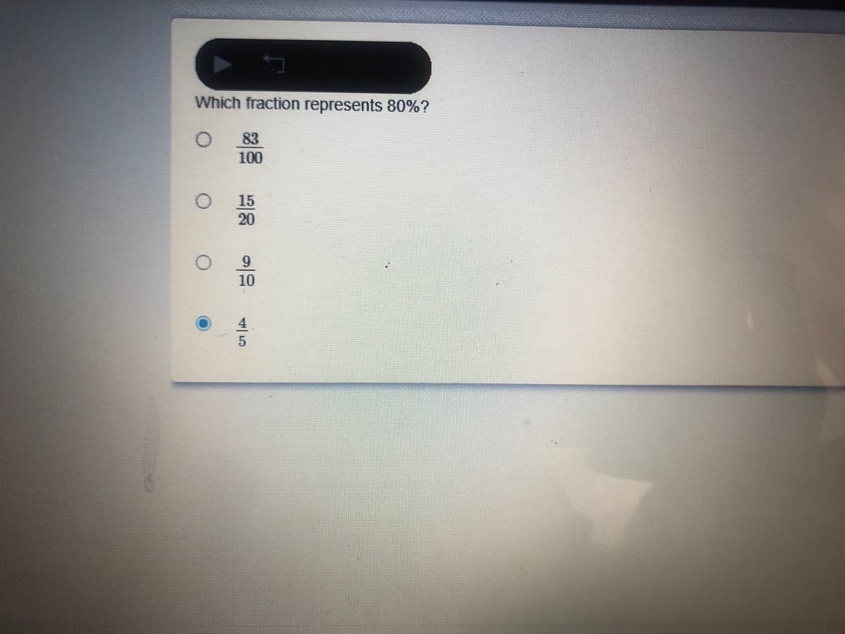Which fraction represents 80%?
83
100
15
20
9.
10
4
