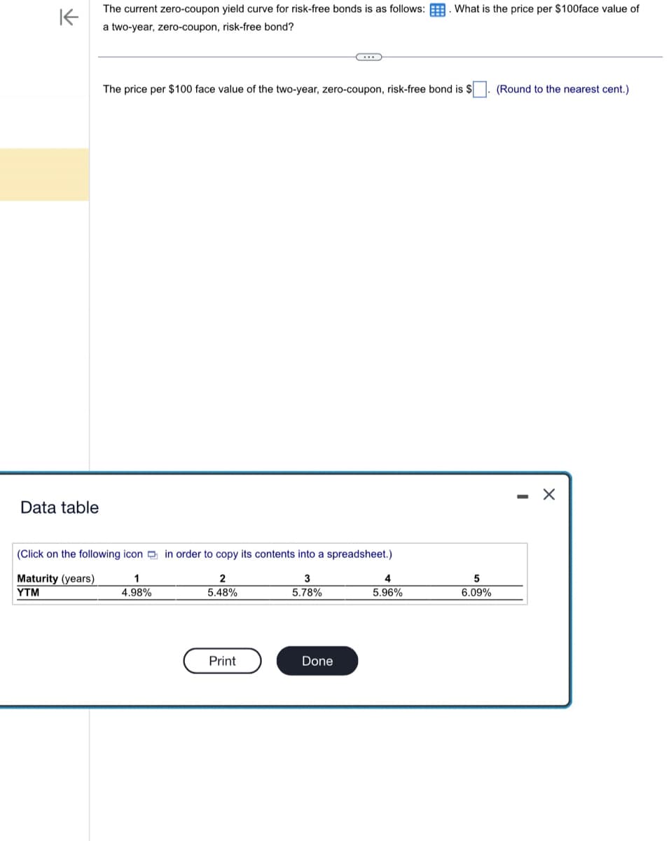 Data table
↑
The current zero-coupon yield curve for risk-free bonds is as follows: What is the price per $100face value of
a two-year, zero-coupon, risk-free bond?
The price per $100 face value of the two-year, zero-coupon, risk-free bond is $
(Click on the following icon in order to copy its contents into a spreadsheet.)
Maturity (years)
YTM
1
4.98%
2
5.48%
3
5.78%
Print
Done
4
5
5.96%
6.09%
(Round to the nearest cent.)
- X