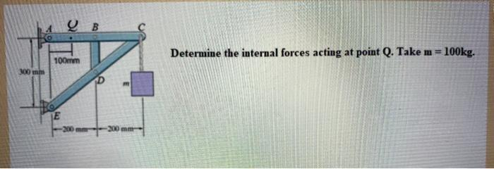 300 mm
100mm
-200 mm
-200 mm
Determine the internal forces acting at point Q. Take m= 100kg.