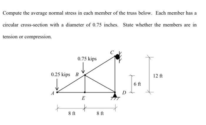 Compute the average normal stress in each member of the truss below. Each member has a
circular cross-section with a diameter of 0.75 inches. State whether the members are in
tension or compression.
0.75 kips
0.25 kips B
8 ft
E
8 ft
C
D
6 ft
12 ft