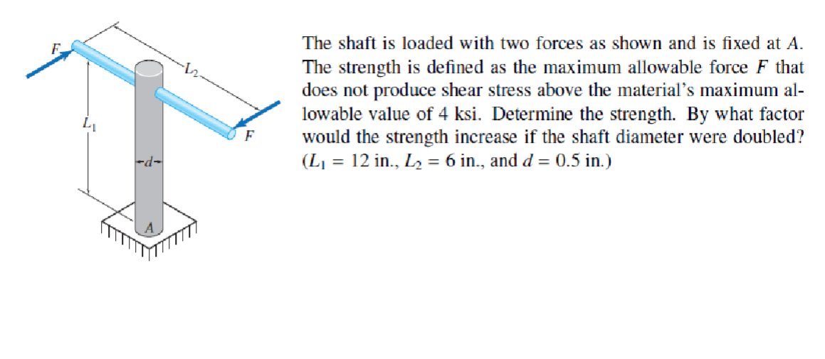 F
The shaft is loaded with two forces as shown and is fixed at A.
The strength is defined as the maximum allowable force F that
does not produce shear stress above the material's maximum al-
lowable value of 4 ksi. Determine the strength. By what factor
would the strength increase if the shaft diameter were doubled?
(L₁ = 12 in., L₂ = 6 in., and d = 0.5 in.)