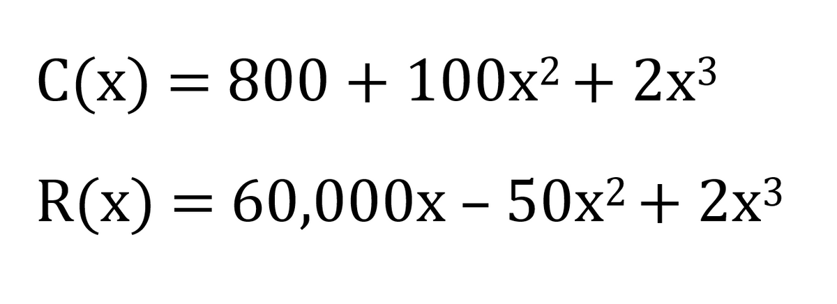 C(x) = 800 + 100x² + 2x³
R(x) — 60,000х- 50х2 + 2х3
