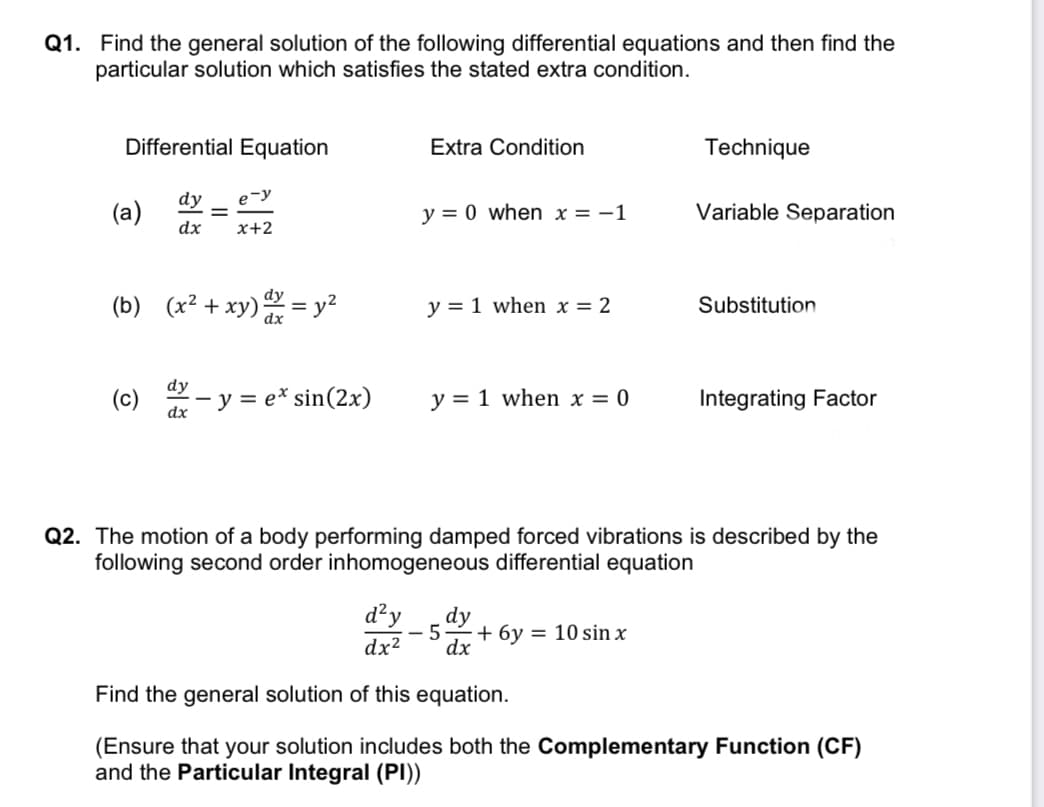 Q1. Find the general solution of the following differential equations and then find the
particular solution which satisfies the stated extra condition.
Differential Equation
dy e-y
dx x+2
(a)
=
(b) (x² + xy) = y²
dy
(c) - y = e* sin(2x)
dx
Extra Condition
y = 0 when x = -1
y = 1 when x = 2
y = 1 when x = 0
Technique
Variable Separation
Substitution
Integrating Factor
Q2. The motion of a body performing damped forced vibrations is described by the
following second order inhomogeneous differential equation
d²y 5 +6y= 10 sin x
dx²
dx
Find the general solution of this equation.
(Ensure that your solution includes both the Complementary Function (CF)
and the Particular Integral (PI))