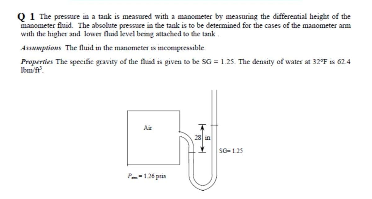 Q 1 The pressure in a tank is measured with a manometer by measuring the differential height of the
manometer fluid. The absolute pressure in the tank is to be determined for the cases of the manometer arm
with the higher and lower fluid level being attached to the tank .
Assumptions The fluid in the manometer is incompressible.
Properties The specific gravity of the fluid is given to be SG = 1.25. The density of water at 32°F is 62.4
Ibm/ft.
Air
28 in
SG= 1.25
P= 1.26 psia
