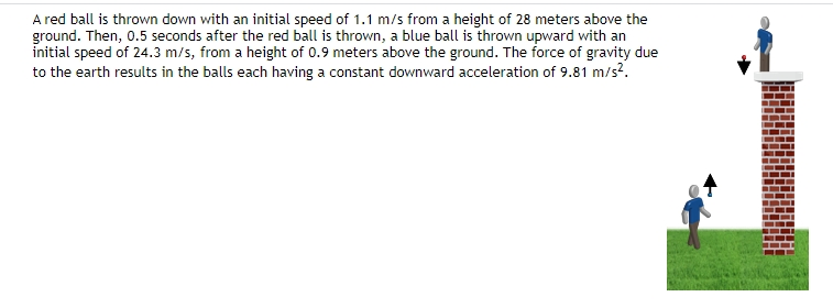 A red ball is thrown down with an initial speed of 1.1 m/s from a height of 28 meters above the
ground. Then, 0.5 seconds after the red ball is thrown, a blue ball is thrown upward with an
initial speed of 24.3 m/s, from a height of 0.9 meters above the ground. The force of gravity due
to the earth results in the balls each having a constant downward acceleration of 9.81 m/s?.
