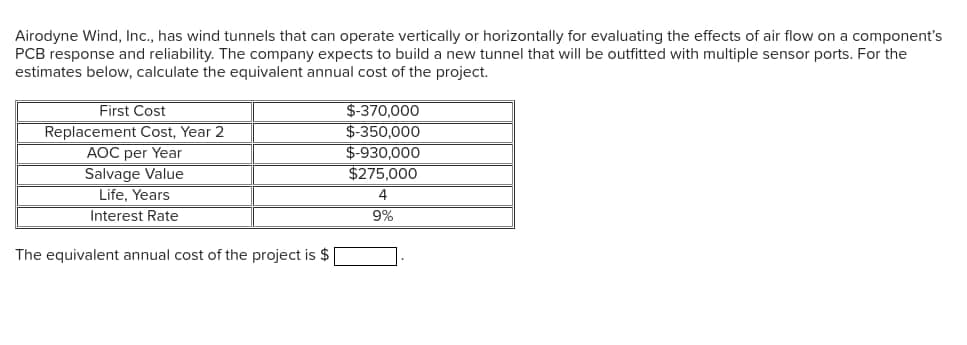 Airodyne Wind, Inc., has wind tunnels that can operate vertically or horizontally for evaluating the effects of air flow on a component's
PCB response and reliability. The company expects to build a new tunnel that will be outfitted with multiple sensor ports. For the
estimates below, calculate the equivalent annual cost of the project.
First Cost
Replacement Cost, Year 2
AOC per Year
Salvage Value
Life, Years
Interest Rate
The equivalent annual cost of the project is $
$-370,000
$-350,000
$-930,000
$275,000
4
9%