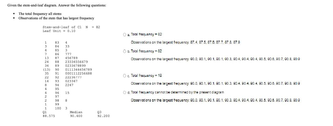 Given the stem-and-leaf diagram. Answer the following questions:
The total frequency all stems
• Observations of the stem that has largest frequency
Stem-and-leaf of Cl N - 82
Leaf Unit = 0.10
O a. Total frequency = 82
Observations on the largest frequency: 87.4, 87.5, 87.6, 87.7, 87.8, 87.e
1
83
4
3
4
84
85
33
3
O b. Total frequency = 82
86
77ר
13
24
34
87
88
89
456789
23334556679
0233678899
Observations on the largest frequency: 90.0, 90.1, 90.1, 90.1, 90.3, 90.4, 90.4, 90.4, 90.5, 90.6, 90.7, 90.8, 90.9
(13)
35
90
91
92
0111344456789
0001112256688
O. Total frequency = 18
22236777
023347
2247
22
14
93
Observations on the largest frequency: 80.0. 80.1. 90.1, 80. 1. 90.3, 80.4, 80.4, 90.4. 80.5, 80.6, 90.7. 90.8. 80.9
94
95
4
O d. Total frequency cannot be determined by the present diagram
96
97
98
15
Observations on the largest frequency: 90.0, 90.1. 90.1, 90.1, 90.3. 90.4, 90.4, 90.4, 90.5, 90.8, 90.7, 90.8, 90.9
99
1
100
3
Q3
92.200
Median
Q1
88.575
90.400
