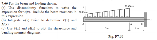 7.66 For the beam and loading shown,
(a) Use discontinuity functions to write the |
expression for w(x). Include the beam reactions in 20 kN/m
this expression.
(b) Integrate w(x) twice to determine V(x) and
M(x).
(c) Use V(x) and M(x) to plot the shear-force and
bending-moment diagrams.
50 kN/m
3 m
1 m
Fig. P7.66
