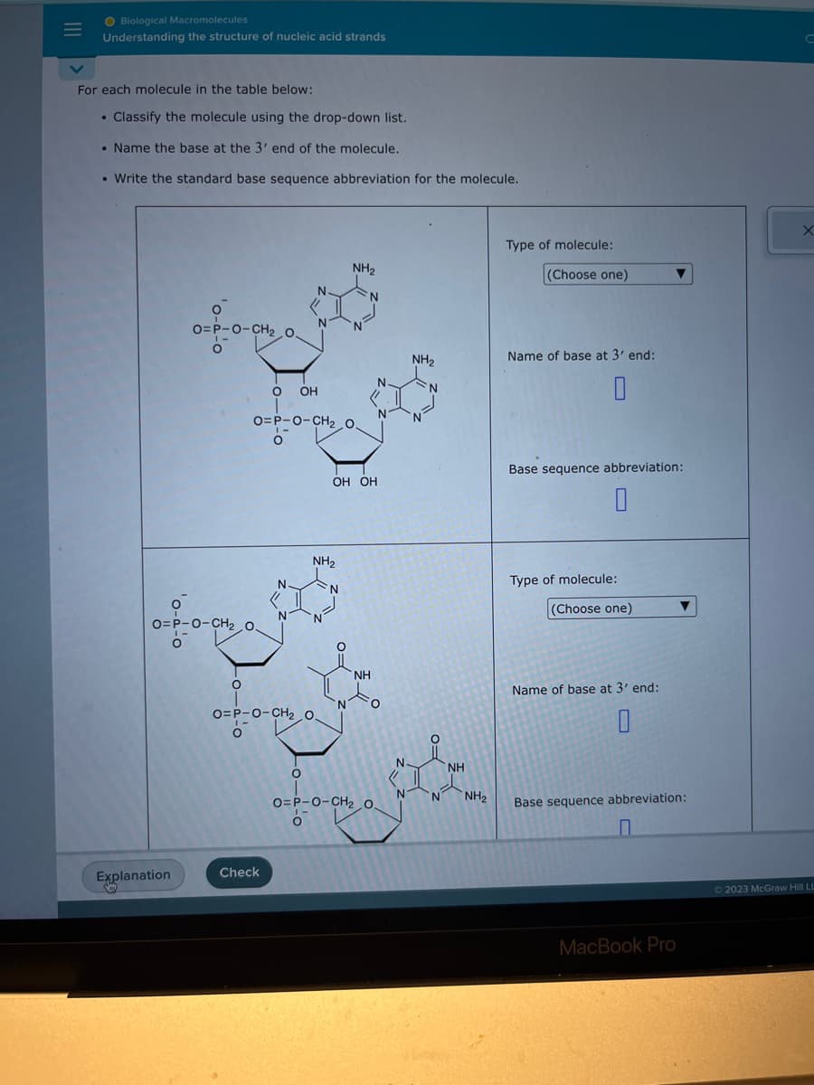 -
-
Biological Macromolecules
Understanding the structure of nucleic acid strands
For each molecule in the table below:
Classify the molecule using the drop-down list.
• Name the base at the 3' end of the molecule.
• Write the standard base sequence abbreviation for the molecule.
.
¹0-2-0
Explanation
O=P-O-CH₂,0
O=P-O-CH₂, 0.
1-
-0-2-0
O
OH
O=P-O-CH₂_0.
0
Check
N.
N
N.
N
O=P-O-CH₂ 0.
O
NH₂
NH₂
N
OH OH
0=
N.
NH
N
O
O=P-O-CH₂,0.
N.
(1
N
NH₂
'N
N
N
NH
NH₂
Type of molecule:
(Choose one)
Name of base at 3' end:
0
Base sequence abbreviation:
0
Type of molecule:
(Choose one)
Name of base at 3' end:
0
Base sequence abbreviation:
MacBook Pro
C
X
© 2023 McGraw Hill LL