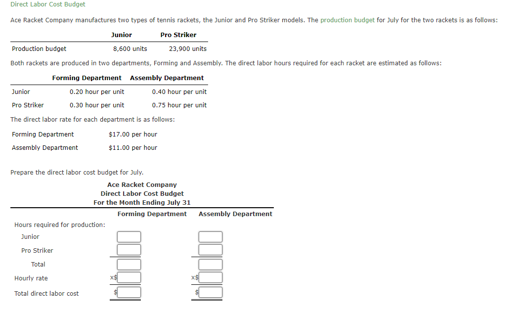 Direct Labor Cost Budget
Ace Racket Company manufactures two types of tennis rackets, the Junior and Pro Striker models. The production budget for July for the two rackets is as follows:
Pro Striker
Junior
8,600 units
Production budget
23,900 units
Both rackets are produced in two departments, Forming and Assembly. The direct labor hours required for each racket are estimated as follows:
Forming Department
Assembly Department
Junior
0.20 hour per unit
0.40 hour per unit
Pro Striker
0.30 hour per unit
0.75 hour per unit
The direct labor rate for each department is as follows:
$17.00 per hour
$11.00 per hour
Forming Department
Assembly Department
Prepare the direct labor cost budget for July.
Ace Racket Company
Direct Labor Cost Budget
For the Month Ending July 31
Forming Department
Hours required for production:
Junior
Pro Striker
Total
Hourly rate
Total direct labor cost
X$
Assembly Department
00000
X$