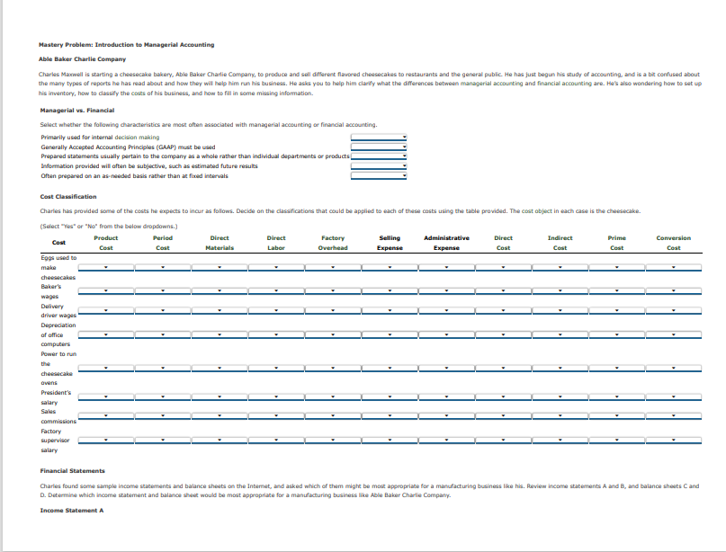 Mastery Problem: Introduction to Managerial Accounting
Able Baker Charlie Company
Charles Maxwell is starting a cheesecake bakery, Able Baker Charlie Company, to produce and sell different flavored cheesecakes to restaurants and the general public. He has just begun his study of accounting, and is a bit confused about
the many types of reports he has read about and how they will help him run his business. He asks you to help him clarify what the differences between managerial accounting and financial accounting are. He's also wondering how to set up
his inventory, how to classify the costs of his business, and how to fill in some missing information.
Managerial vs. Financial
Select whether the following characteristics are most often associated with managerial accounting or financial accounting.
Primarily used for internal decision making
Generally Accepted Accounting Principles (GAAP) must be used
Prepared statements usually pertain to the company as a whole rather than individual departments or products
Information provided will often be subjective, such as estimated future results
Often prepared on an as-needed basis rather than at fixed intervals
Cost Classification
Charles has provided some of the costs he expects to incur as follows. Decide on the classifications that could be applied to each of these costs using the table provided. The cost object in each case is the cheesecake.
(Select "Yes" or "No" from the below dropdowns.)
Product
Cost
Period
Cost
Cost
Eggs used to
make
cheesecakes
Baker's
wages
Delivery
driver wages
Depreciation
of office
computers
Power to run
cheesecake
ovens
President's
salary
Sales
commissions
Factory
supervisor
salary
Direct
Materials
Direct
Labor
Factory
Overhead
Selling
Expense
Administrative
Expense
Direct
Cost
Indirect
Cost
Prime
Cost
Conversion
Cost
Financial Statements
Charles found some sample income statements and balance sheets on the Internet, and asked which of them might be most appropriate for a manufacturing business like his. Review income statements A and B, and balance sheets Cand
D. Determine which income statement and balance sheet would be most appropriate for a manufacturing business like Able Baker Charlie Company.
Income Statement A