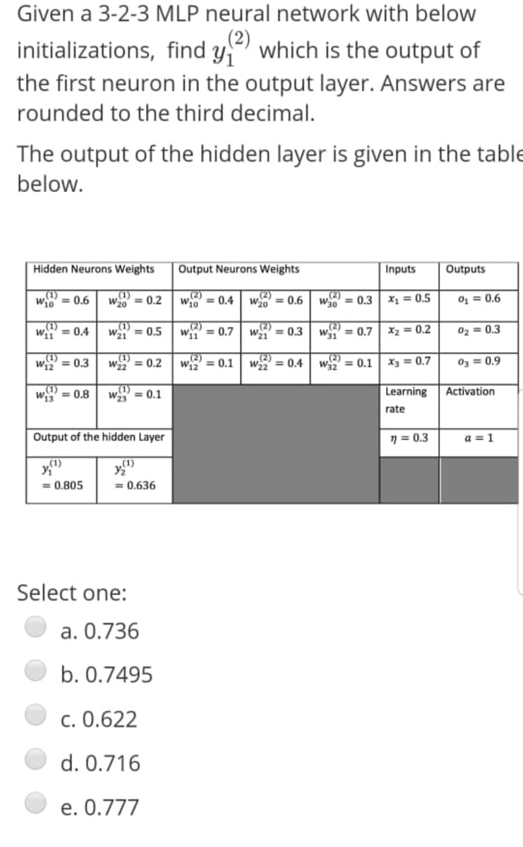 Given a 3-2-3 MLP neural network with below
(2)
initializations, find y which is the output of
the first neuron in the output layer. Answers are
rounded to the third decimal.
The output of the hidden layer is given in the table
below.
Hidden Neurons Weights
Output Neurons Weights
Inputs
Outputs
,(1)
W10 = 0.6
(1)
W20 = 0.2
(2)
Wi0 = 0.4
(2)
W20 = 0.6
(2)
W30 = 0.3
X1 = 0.5
01 = 0.6
(1)
Wi1
(2)
= 0,7
= 0.4
W2i = 0.5
W = 0.3
(2)
W31 = 0.7
X2 = 0.2
02 = 0.3
(1)
W2 = 0.3
(2)
Wi2 = 0.1
(2)
W22 = 0.4
Wz2
= 0.2
(2)
W32 = 0.1
X3 = 0.7
03 = 0.9
,(1)
W = 0.8
,(1)
W = 0.1
Learning
Activation
rate
Output of the hidden Layer
7 = 0.3
a = 1
(1)
(1)
= 0.805
= 0.636
Select one:
a. 0.736
b. 0.7495
c. 0.622
d. 0.716
e. 0.777
