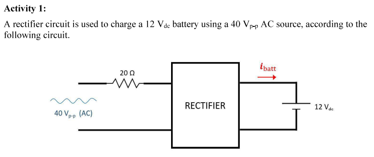 Activity 1:
A rectifier circuit is used to charge a 12 Vde battery using a 40 Vp-p AC source, according to the
following circuit.
ĺbatt
20 Ω
m
RECTIFIER
12 Vde
40 Vp-p (AC)