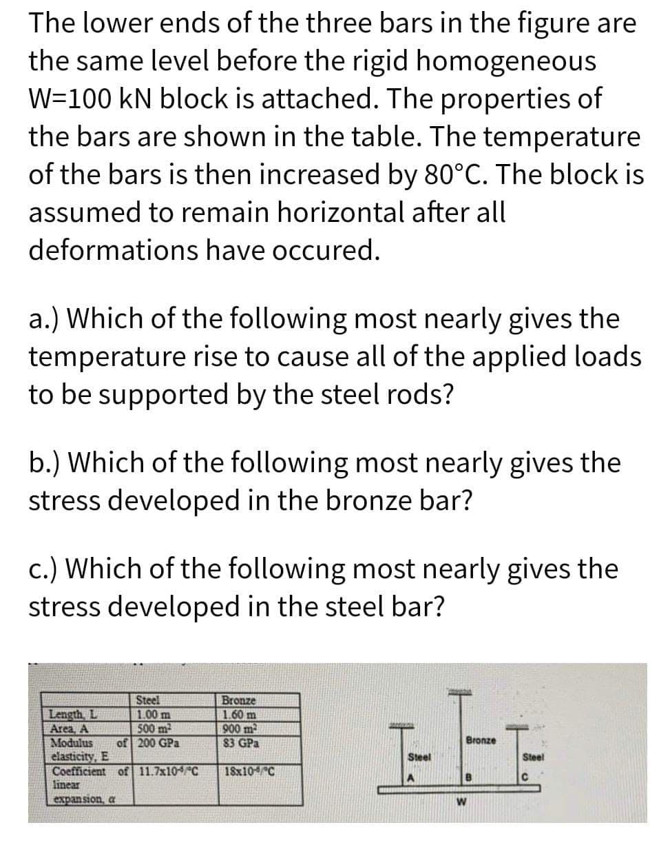 The lower ends of the three bars in the figure are
the same level before the rigid homogeneous
W=100 kN block is attached. The properties of
the bars are shown in the table. The temperature
of the bars is then increased by 80°C. The block is
assumed to remain horizontal after all
deformations have occured.
a.) Which of the following most nearly gives the
temperature rise to cause all of the applied loads
to be supported by the steel rods?
b.) Which of the following most nearly gives the
stress developed in the bronze bar?
c.) Which of the following most nearly gives the
stress developed in the steel bar?
下上F
Bronze
Length, L
Area, A
Modulus
elasticity, E
Coefficient of 11.7x10C
linear
Steel
1.00 m
500m2
of 200 GPa
1.60 m
900 m
83 GPa
Bronze
Steel
Steel
18x104 C
A
B
expansion, a
