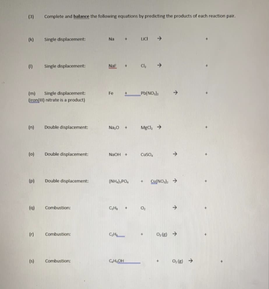 (3)
Complete and balance the following equations by predicting the products of each reaction pair.
(k)
Single displacement:
Na
LiCi
->
(1)
Single displacement:
NaF
Cl
->
->
Single displacement:
(iron(I) nitrate is a product)
(m)
Fe
Pb(NO,)
(n)
Double displacement:
Na,0 +
MgCl, →
(0)
Double displacement:
NaOH +
Cuso,
->
(p)
Double displacement:
(NHa),PO.
Cu(NO,), →
(a)
Combustion:
C,H,
->
(r)
Combustion:
CH
O, (g) →
(s)
Combustion:
CH,OH
O, (g) →
