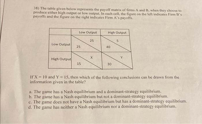 38) The table given below represents the payoff matrix of firms A and B, when they choose to
produce either high output or low output. In each cell, the figure on the left indicates Firm B's
payoffs and the figure on the right indicates Firm A's payoffs.
Low Output
High Output
25
Low Output
25
40
Y.
High Output
15
30
If X = 10 and Y = 15, then which of the following conclusions can be drawn from the
information given in the table?
!!
a. The game has a Nash equilibrium and a dominant-strategy equilibrium.
b. The game has a Nash equilibrium but not a dominant-strategy equilibrium.
c. The game does not have a Nash equilibrium but has a dominant-strategy equilibrium.
d. The game has neither a Nash equilibrium nor a dominant-strategy equilibrium.
