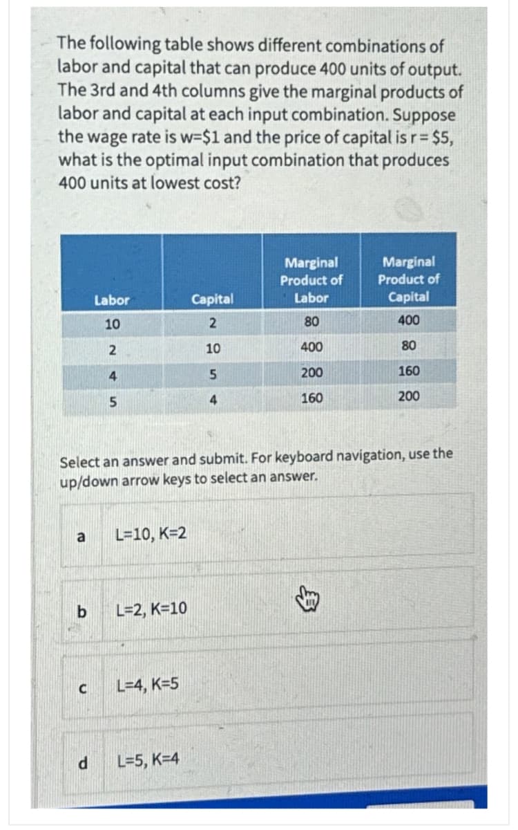 The following table shows different combinations of
labor and capital that can produce 400 units of output.
The 3rd and 4th columns give the marginal products of
labor and capital at each input combination. Suppose
the wage rate is w=$1 and the price of capital is r = $5,
what is the optimal input combination that produces
400 units at lowest cost?
Marginal
Marginal
Product of
Product of
Labor
Capital
Labor
Capital
10
2
80
400
2
10
400
80
4
5
200
160
5
4
160
200
Select an answer and submit. For keyboard navigation, use the
up/down arrow keys to select an answer.
a
L=10, K=2
b
L=2, K=10
C
L=4, K=5
d
L=5, K=4