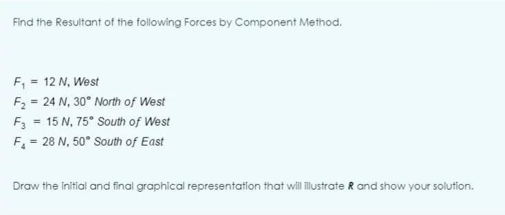 Find the Resultant of the following Forces by Component Method.
F, = 12 N, West
F2 = 24 N, 30° North of West
%3D
F3
15 N, 75° South of West
%3D
F = 28 N, 50° South of East
%3D
4.
Draw the initial and final graphical representation that will illustrate R and show your solution.
