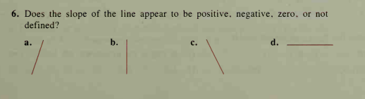 6. Does the slope of the line appear to be positive, negative, zero, or not
defined?
a.
с.
d.
