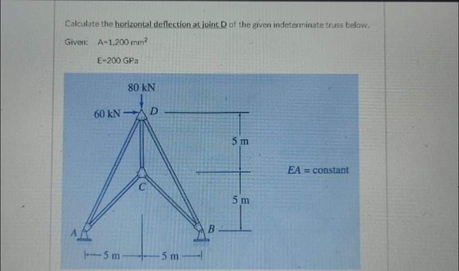 Calculate the horizontal deflection at joint D of the given indeterninate truss below.
Given: A-1,200 mm?
E-200 GPa
80 kN
60 kN D
5 m
EA = constant
5 m
A
B
5 m
5 m-
