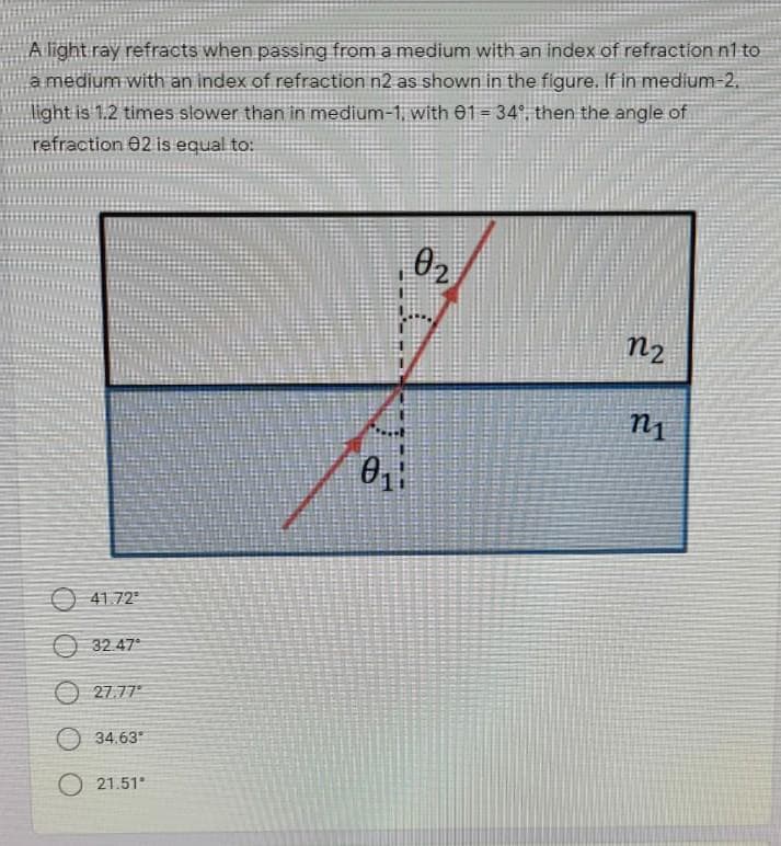 A light ray refracts when passing from a medium with an index of refraction n1 to
a medium with an index of refraction n2 as shown in the figure. If in medium-2.
light is 1.2 times slower than in medium-1, with 01 = 34°, then the angle of
refraction 02 is equal to:
02
n2
O 41.72
O 32.47
O 27.77
34.63
O 21.51
