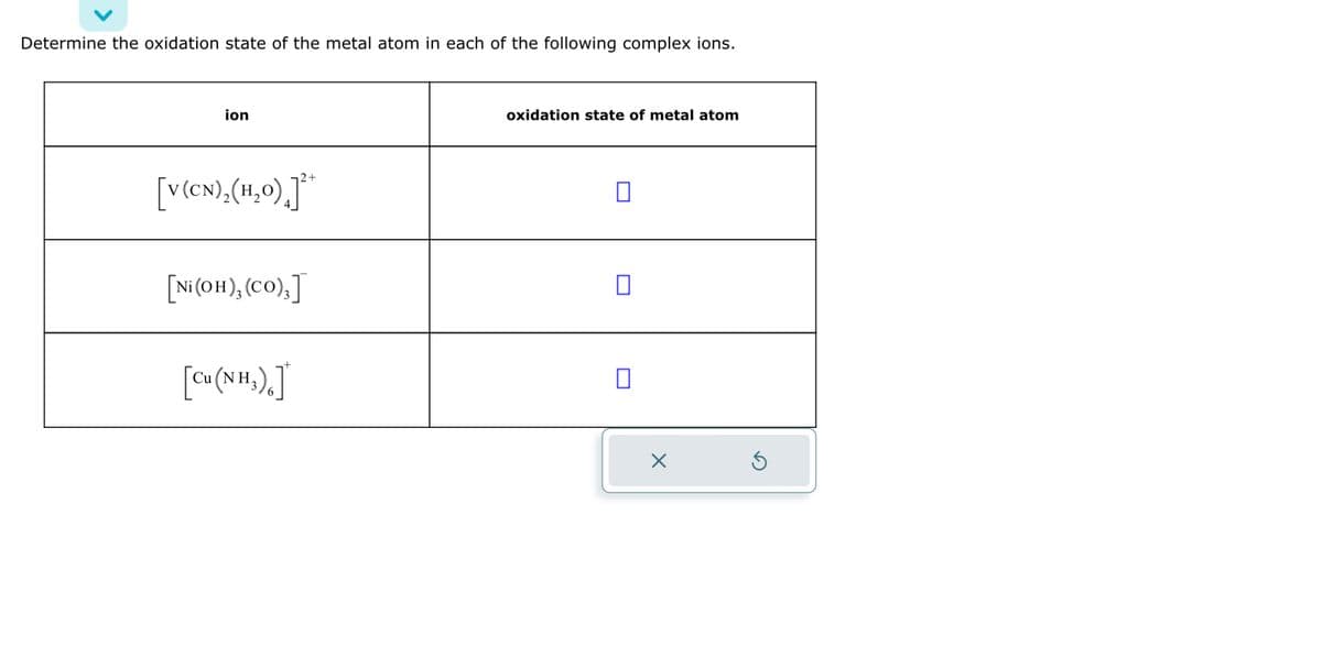 Determine the oxidation state of the metal atom in each of the following complex ions.
ion
[V(CN)₂(H₂0)]²+
[Ni(OH), (CO)]
[∞₂ (NH₂)₂]
oxidation state of metal atom
0
0
X
Ś