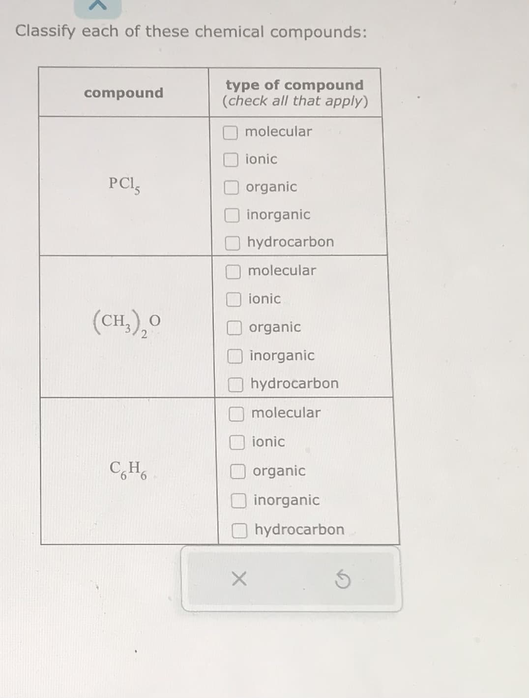 Classify each of these chemical compounds:
compound
PCI
(CH₂)₂0
C6H6
type of compound
(check all that apply)
molecular
ionic
organic
inorganic
hydrocarbon
molecular
X
ionic
organic
inorganic
hydrocarbon
molecular
ionic
organic
inorganic
hydrocarbon