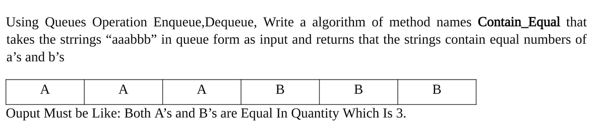 Using Queues Operation Enqueue,Dequeue, Write a algorithm of method names Contain_Equal that
takes the strrings "aaabbb" in queue form as input and returns that the strings contain equal numbers of
a's and b's
A
A
A
В
В
В
Ouput Must be Like: Both A's and B's are Equal In Quantity Which Is 3.
