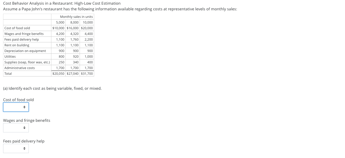 Cost Behavior Analysis in a Restaurant: High-Low Cost Estimation
Assume a Papa John's restaurant has the following information available regarding costs at representative levels of monthly sales:
Monthly sales in units
5,000
8,000 10,000
Cost of food sold
$10,000 $16,000 $20,000
Wages and fringe benefits
4,200
4,320
4,400
Fees paid delivery help
1,100
1,760
2,200
Rent on building
1,100
1,100
1,100
Depreciation on equipment
900
900
900
Utilities
800
920
1,000
Supplies (soap, floor wax, etc.)
250
340
400
Administrative costs
1,700
1,700
1,700
Total
$20,050 $27,040 $31,700
(a) Identify each cost as being variable, fixed, or mixed.
Cost of food sold
Wages and fringe benefits
Fees paid delivery help
