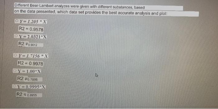 Different Beer-Lambert analyzes were given with different substances, based
on the data presented, which data set provides the best accurate analysis and plot:
OY=1.205 *X
R2 = 0.9578
%3D
OY=2.0321*X
R2 F0,9012
OY=1.7156 *X
R2 = 0.9978
OY-1.00 X
R2 F0,7886
Y=0,9995*X
R2 = 0.8955
