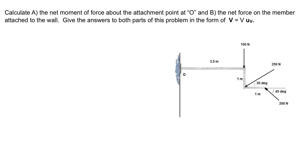 Calculate A) the net moment of force about the attachment point at "O" and B) the net force on the member
attached to the wall. Give the answers to both parts of this problem in the form of V = V uv.
O
3.5 m
100 N
1m
30 deg
1m
250 N
45 deg
200 N