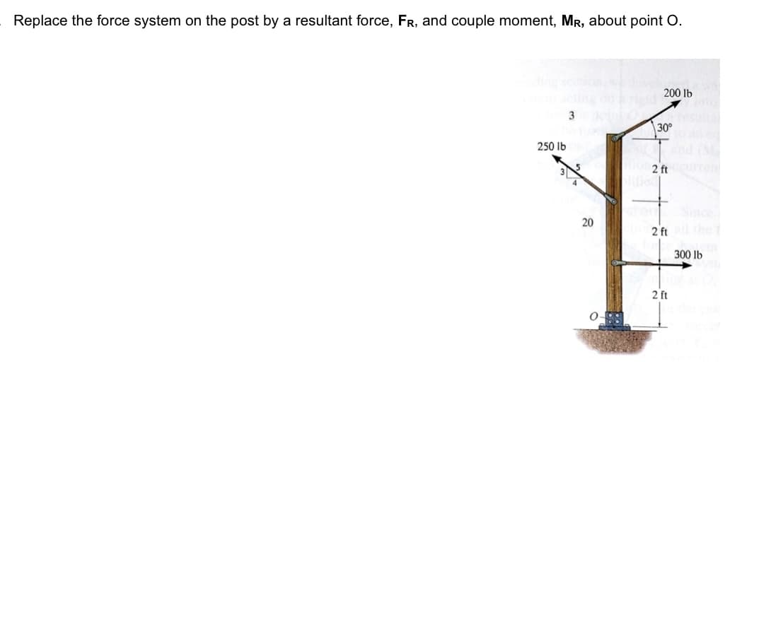 Replace the force system on the post by a resultant force, FR, and couple moment, MR, about point O.
250 lb
3
20
200 lb
30°
o2 ft curren
Since
2 ft the
300 lb
2 ft