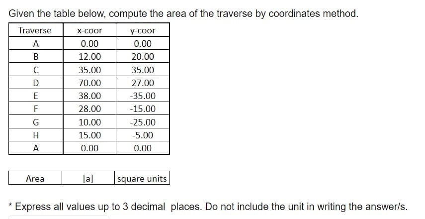 Given the table below, compute the area of the traverse by coordinates method.
Traverse
x-coor
A
0.00
B
12.00
C
35.00
D
70.00
E
38.00
F
28.00
G
10.00
H
15.00
A
0.00
y-coor
0.00
20.00
Area
35.00
27.00
-35.00
-15.00
-25.00
-5.00
0.00
[a] square units
* Express all values up to 3 decimal places. Do not include the unit in writing the answer/s.