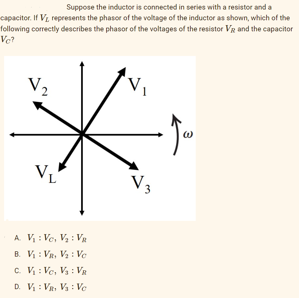 Suppose the inductor is connected in series with a resistor and a
capacitor. If V₁ represents the phasor of the voltage of the inductor as shown, which of the
following correctly describes the phasor of the voltages of the resistor VR and the capacitor
Vc?
V₂
1
• Jo
VL
A. V₁: Vc, V₂: VR
B. V₁: VR, V₂: Vc
C. V₁: Vc,
V3: VR
D. V₁ : VR, V3 : Vc
V
3
3