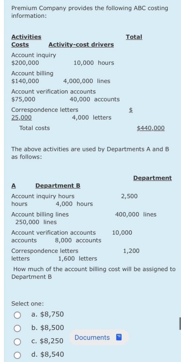 Premium Company provides the following ABC costing
information:
Activities
Costs
Account inquiry
$200,000
Account billing
$140,000
Activity-cost drivers
25,000
Account verification accounts
$75,000
Correspondence letters
Total costs
A
4,000,000 lines
10,000 hours
40,000 accounts
Department B
Account inquiry hours
hours
Account billing lines
250,000 lines
Select one:
4,000 letters
The above activities are used by Departments A and B
as follows:
4,000 hours
Account verification accounts
accounts
8,000 accounts
Correspondence letters
a. $8,750
b. $8,500
c. $8,250
d. $8,540
1,600 letters
Total
$
Documents
$440,000
Department
2,500
10,000
letters
How much of the account billing cost will be assigned to
Department B
400,000 lines
1,200