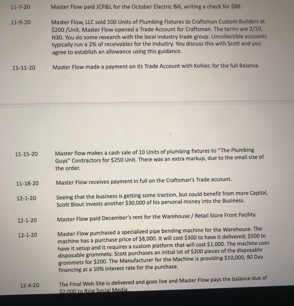 11-7-20
Master Flow paid JCP&L for the October Electric Bill, writing a check for $88.
11-9-20
Master Flow, LLC sold 100 Units of Plumbing Fixtures to Craftsman Custom Builders at
$200 /Unit. Master Flow opened a Trade Account for Craftsman. The terms are 2/10,
N30. You do some research with the local industry trade group. Uncollectible accounts
typically run a 2% of receivables for the Industry. You discuss this with Scott and you
agree to establish an allowance using this guidance.
11-11-20
Master Flow made a payment on its Trade Account with Kohler, for the full Balance.
Master flow makes a cash sale of 10 Units of plumbing fixtures to "The Plumbing
Guys" Contractors for $250 Unit. There was an extra markup, due to the small size of
11-15-20
the order.
11-18-20
Master Flow receives payment in full on the Craftsman's Trade account.
Seeing that the business is getting some traction, but could benefit from more Capital,
Scott Blout invests another $30,000 of his personal money into the Business.
12-1-20
12-1-20
Master Flow paid December's rent for the Warehouse / Retail Store Front Facility.
Master Flow purchased a specialized pipe bending machine for the Warehouse. The
machine has a purchase price of $8,000. It will cost $300 to have it delivered; $500 to
have it setup and it requires a custom platform that will cost $1,000. The machine uses
disposable grommets. Scott purchases an initial lot of $200 pieces of the disposable
grommets for $200. The Manufacturer for the Machine is providing $10,000, 90 Day
financing at a 10% interest rate for the purchase.
12-1-20
The Final Web Site is delivered and goes live and Master Flow pays the balance due of
$2.000 to Ring Social Media.
12-4-20
