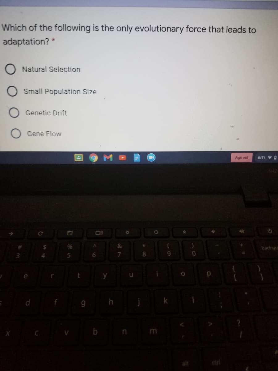 Which of the following is the only evolutionary force that leads to
adaptation? *
Natural Selection
O Small Population Size
Genetic Drift
Gene Flow
Sign out
INTL O
Ce
96
backspa
3.
4.
6.
8
y
b
carl
