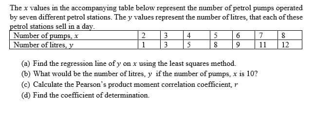 The x values in the accompanying table below represent the number of petrol pumps operated
by seven different petrol stations. The y values represent the number of litres, that each of these
petrol stations sell in a day.
Number of pumps, x
Number of litres, y
2
3
4
5
6
7
8
1
3
5
8
11
12
(a) Find the regression line of y on x using the least squares method.
(b) What would be the number of litres, y if the number of pumps, x is 10?
(c) Calculate the Pearson's product moment correlation coefficient, r
(d) Find the coefficient of determination.
