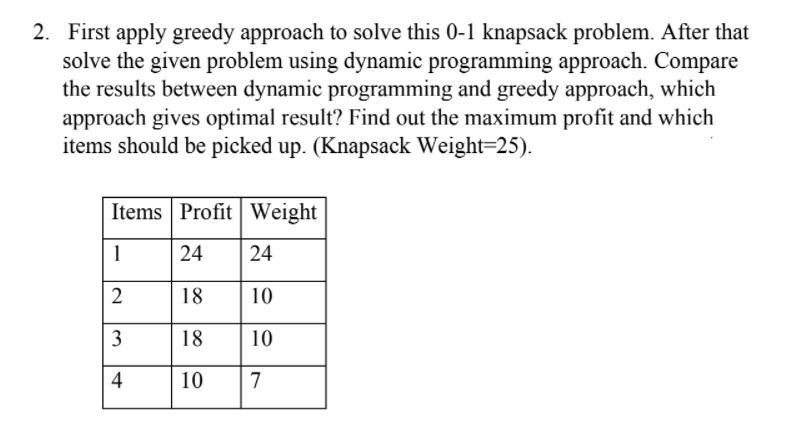 2. First apply greedy approach to solve this 0-1 knapsack problem. After that
solve the given problem using dynamic programming approach. Compare
the results between dynamic programming and greedy approach, which
approach gives optimal result? Find out the maximum profit and which
items should be picked up. (Knapsack Weight=25).
Items Profit Weight
1
24
24
18
10
18
10
10
7
3.
4-
